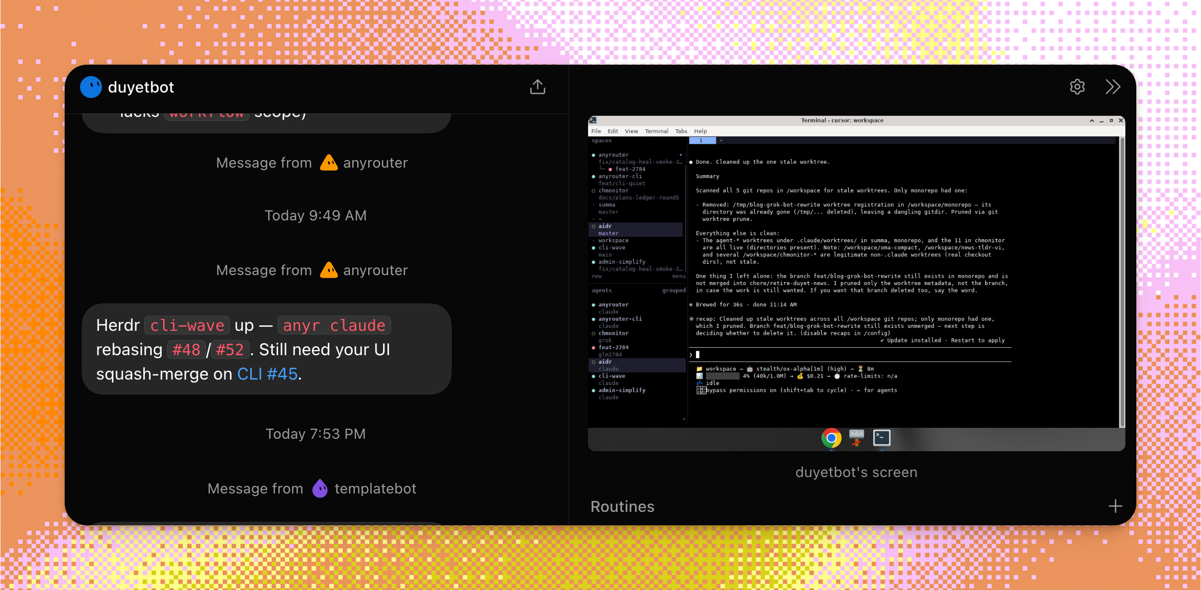 duyetbot chat assigning work next to a Herdr screen with a live Anyr CLI session
