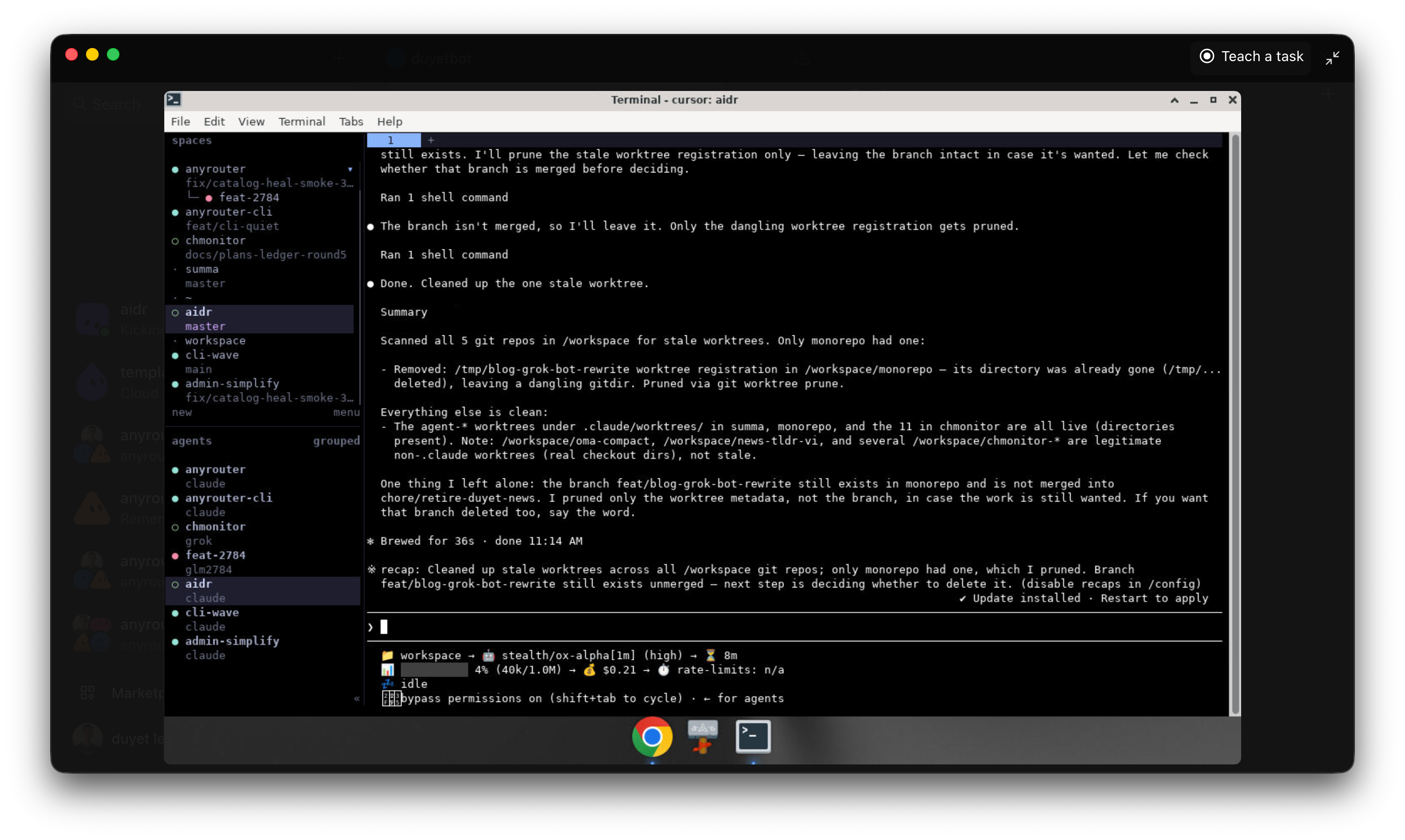Herdr multi-space sidebar with several repo agents and one Anyr CLI terminal