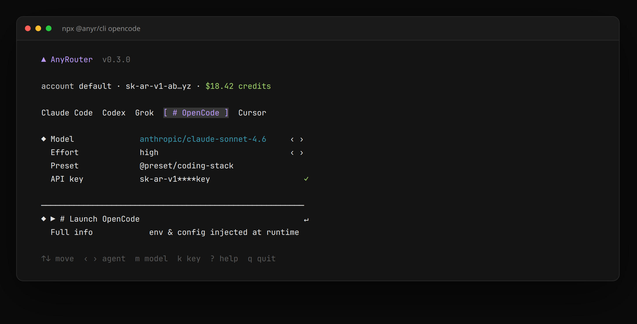 AnyRouter CLI launcher with the OpenCode target selected