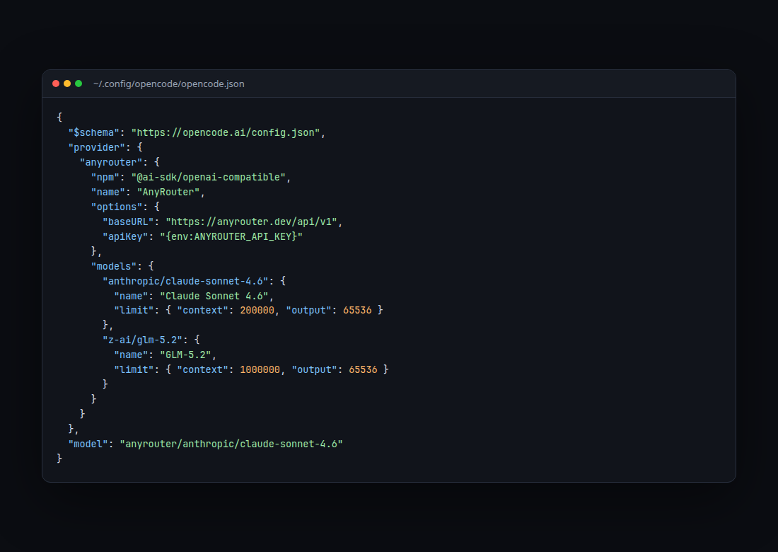 opencode.json with the AnyRouter custom provider and two catalog models