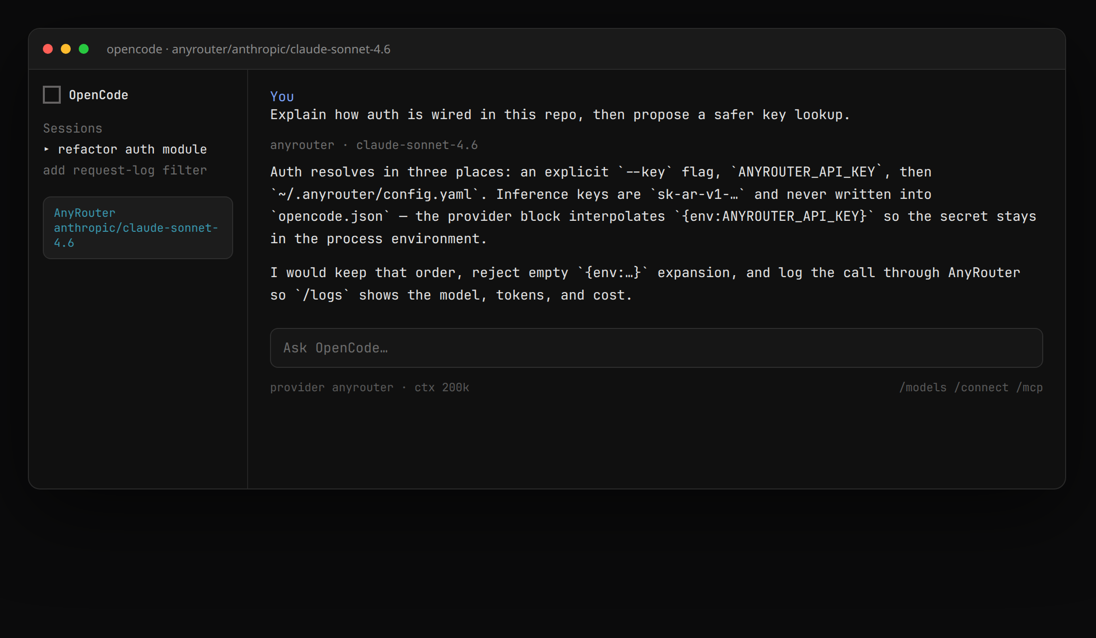 OpenCode TUI with an AnyRouter model selected