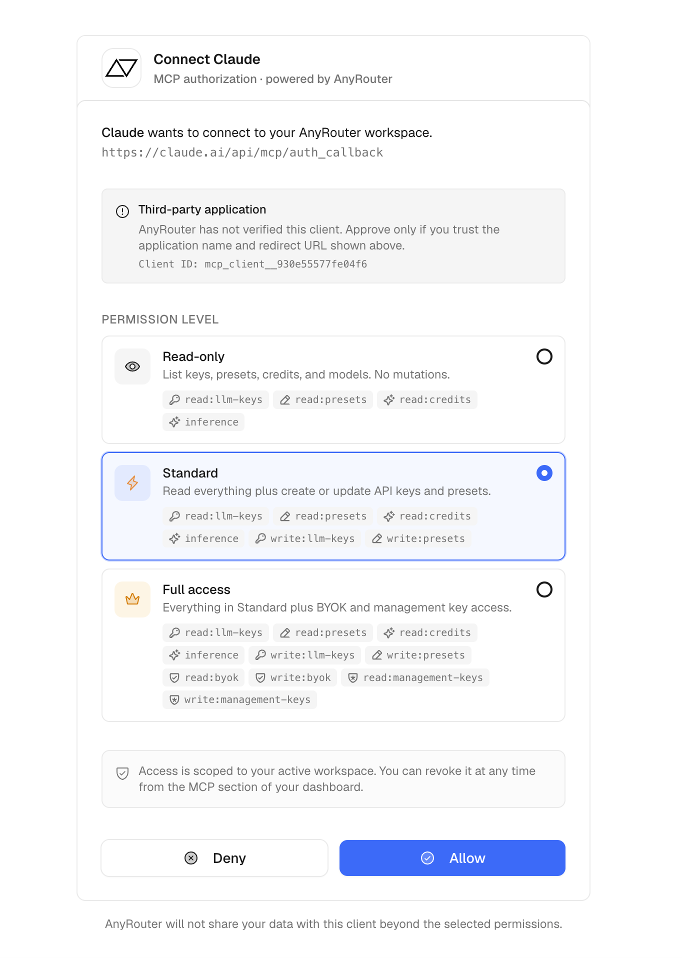 AnyRouter OAuth consent screen for the Claude Desktop connector