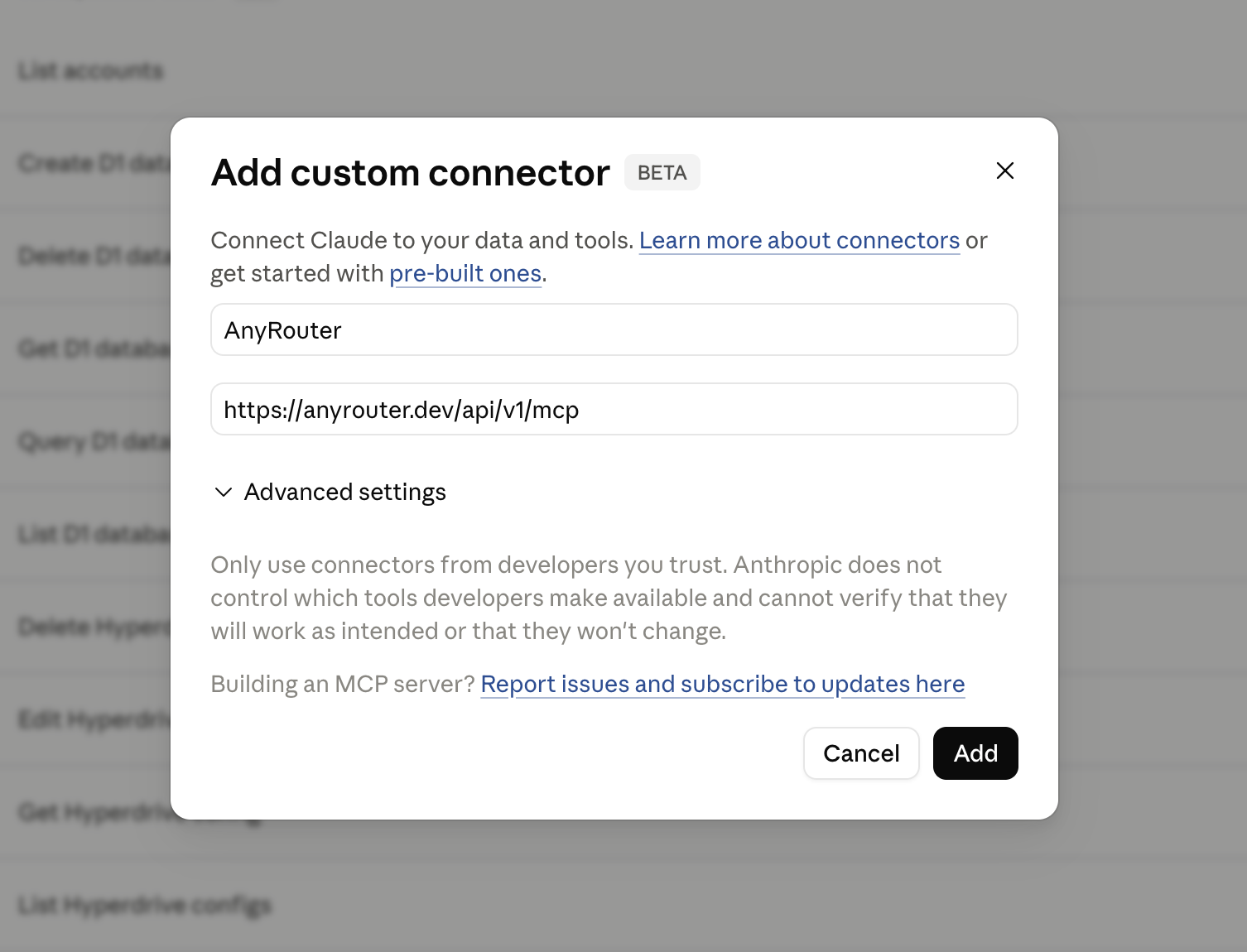 Claude Desktop Add custom connector dialog with the AnyRouter MCP URL filled in
