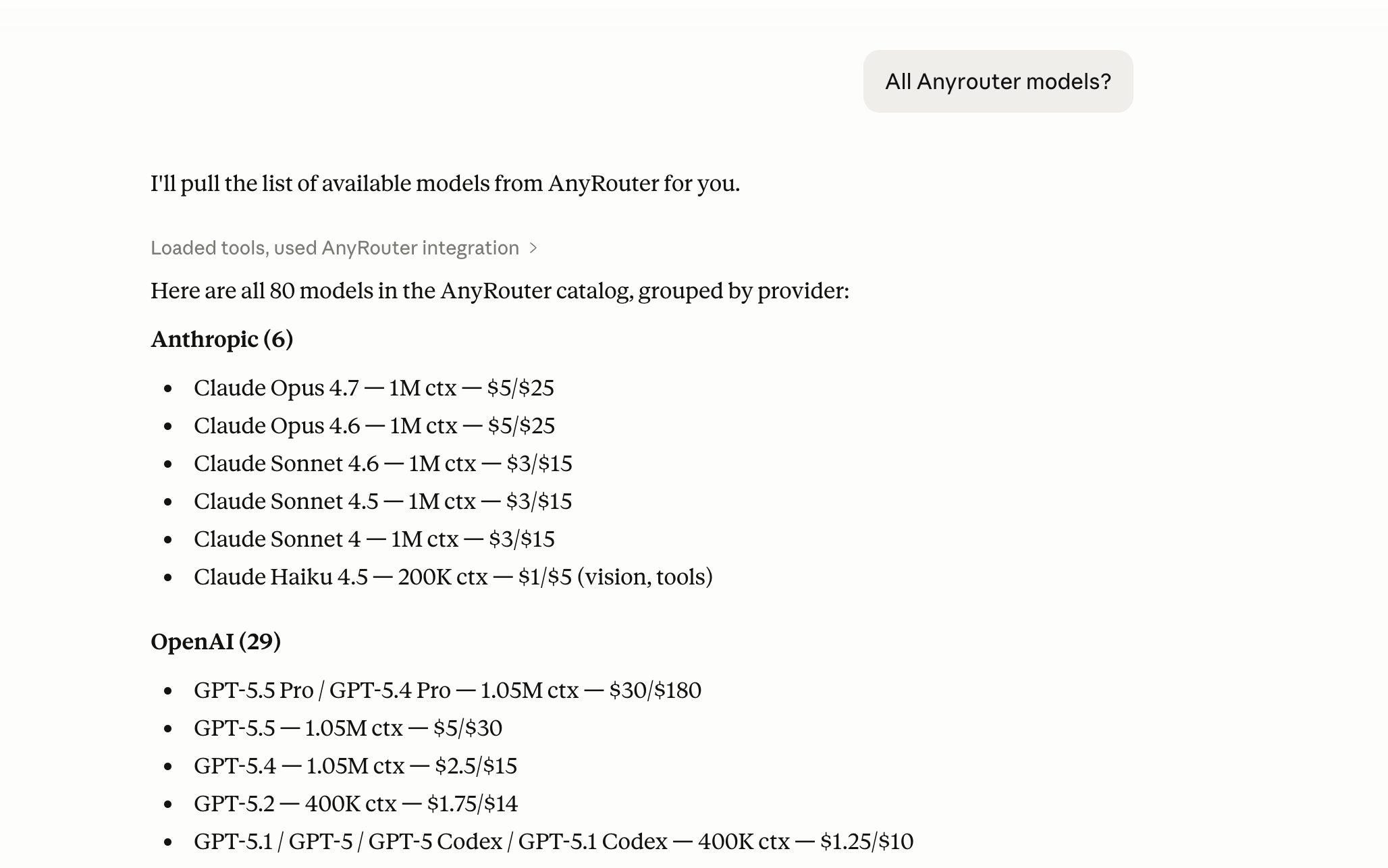 Claude Desktop calling list_models on the AnyRouter MCP server