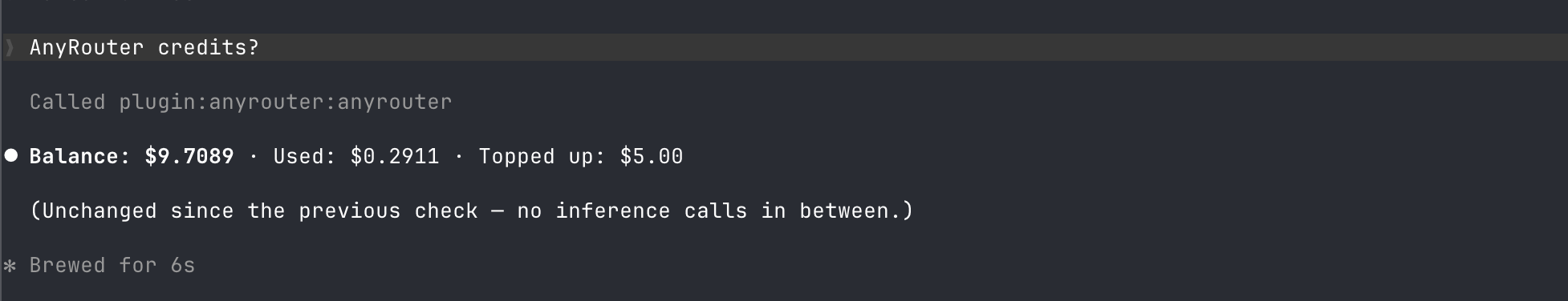 get_credits response showing the AnyRouter workspace balance