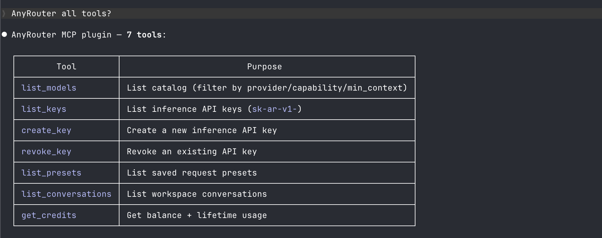 AnyRouter MCP tools listed in Claude Desktop