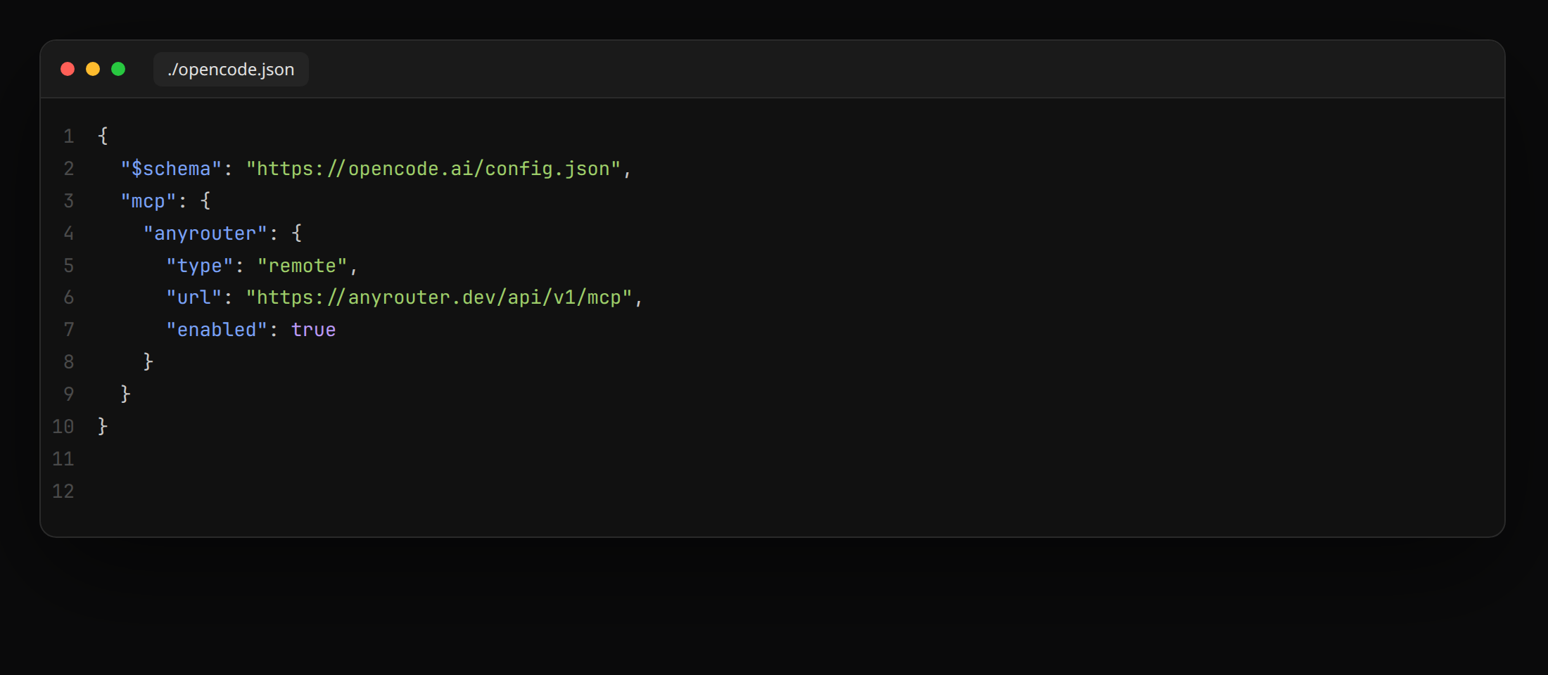Project-local opencode.json with the AnyRouter remote MCP server